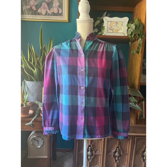 VTG Colorful Buffalo Plaid Womens Long-Sleeve Button Up Shirt Sm Ruffled Collar - Picture 2 of 5